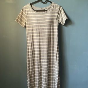 white and grey striped maxi dress with bra